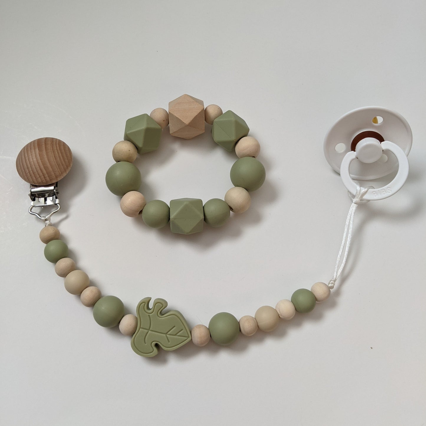 Plant Inspired Green Gender Neutral Teething Ring and Pacifier Clip Duo