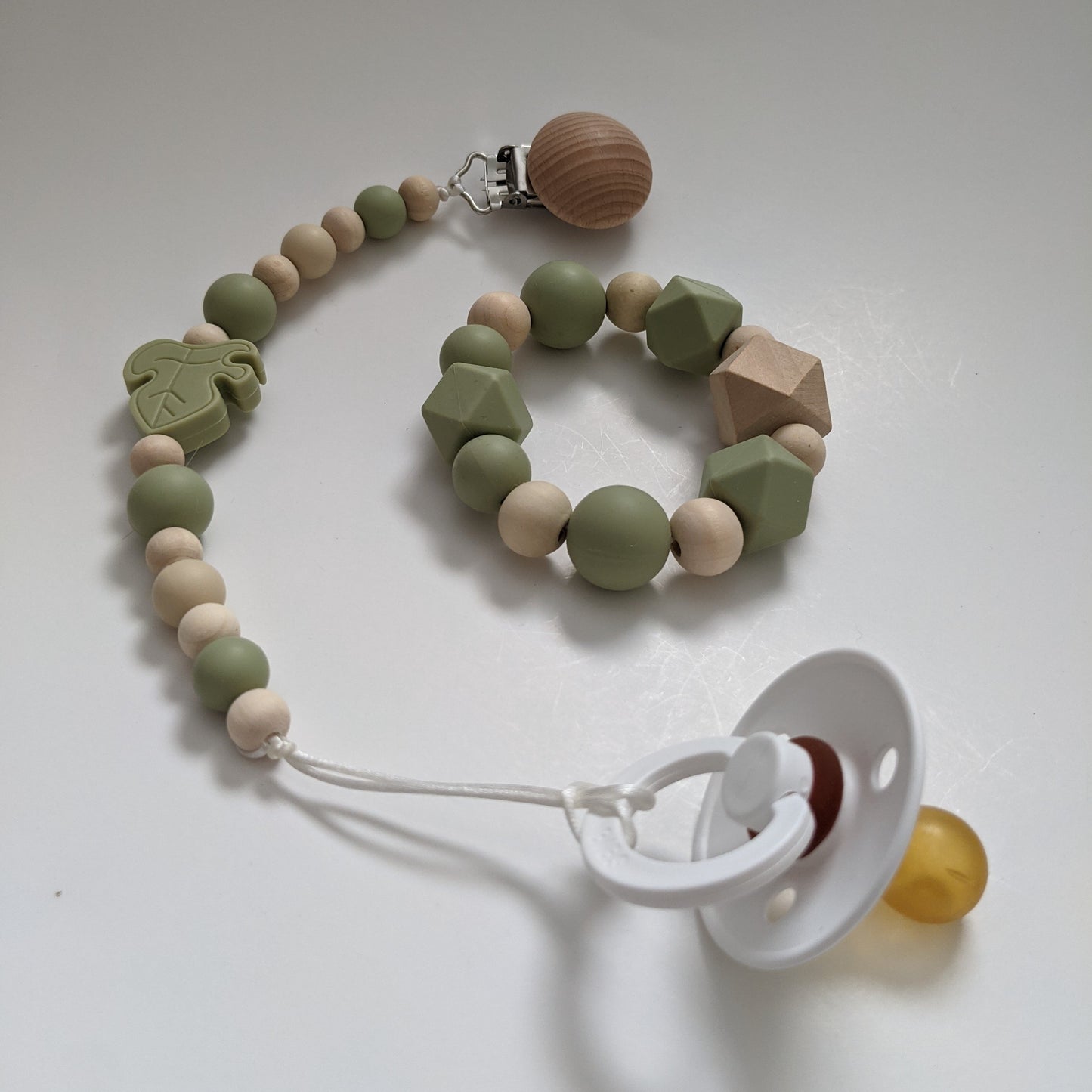 Plant Inspired Green Gender Neutral Teething Ring and Pacifier Clip Duo