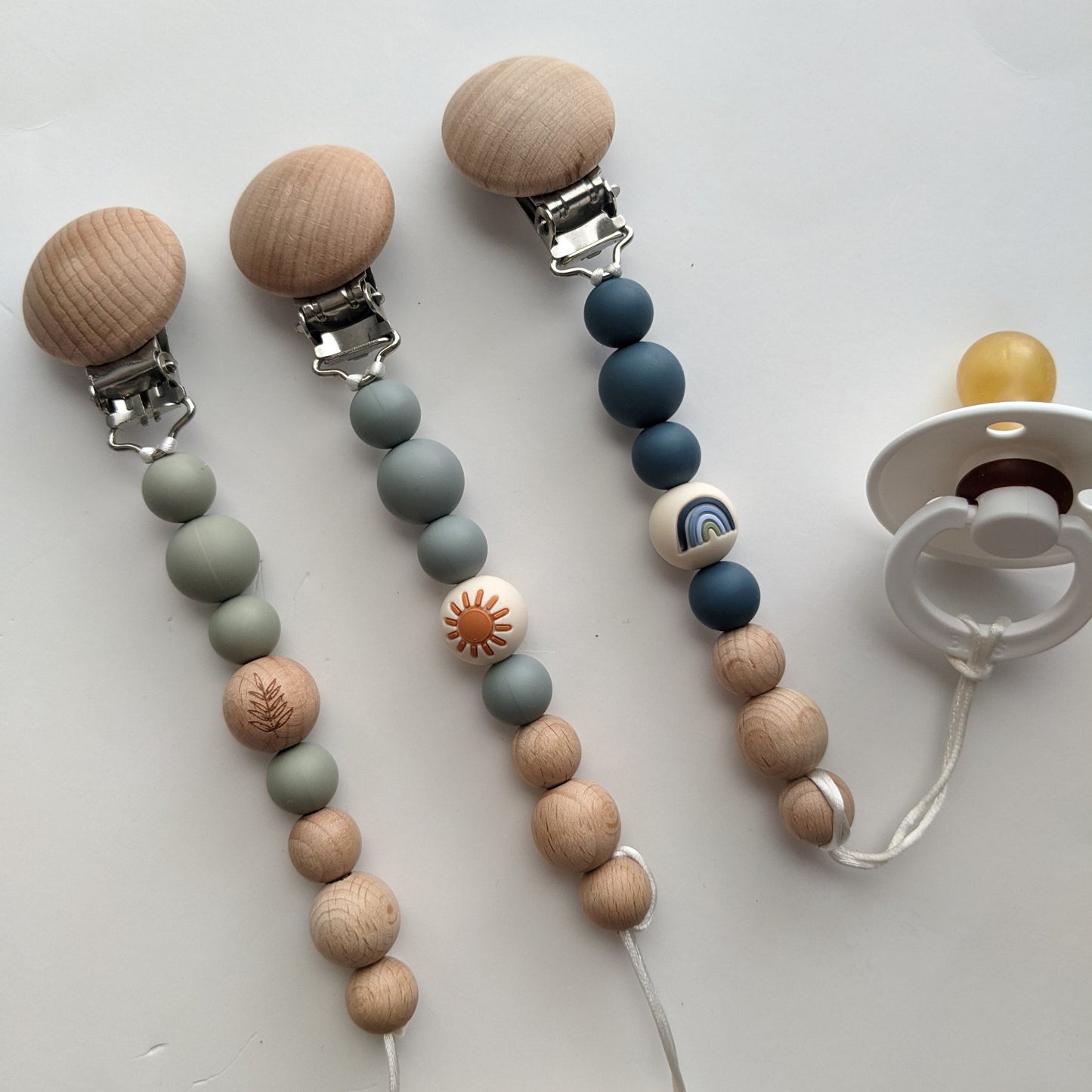 Mini Gender Neutral Pacifier Clip in Plant Green - Nature Inspired Silicone and Beechwood Soother Clip