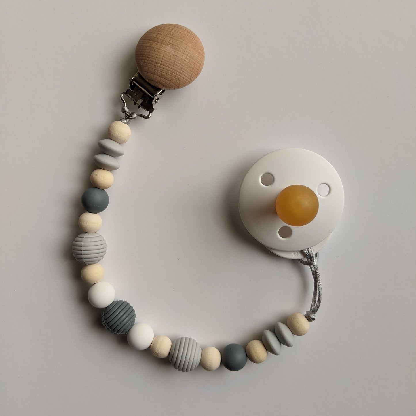 Dark Grey Gender Neutral Teething Ring and Pacifier Clip Duo