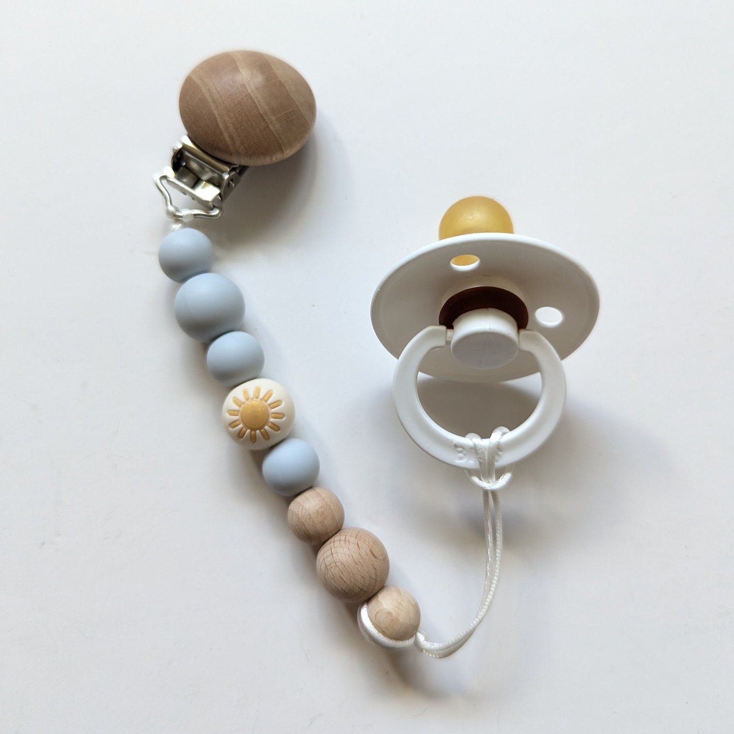 You Are My Sunshine Blue Mini Beech Wood and Silicone Pacifier Clip - Rainbow Baby Gift