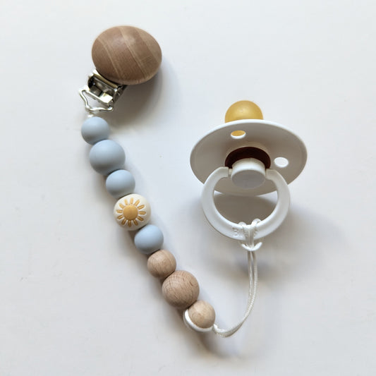 You Are My Sunshine Blue Mini Beech Wood and Silicone Pacifier Clip - Rainbow Baby Gift