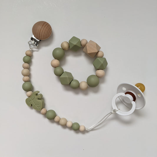 Plant Inspired Green Gender Neutral Teething Ring and Pacifier Clip Duo