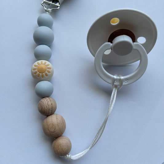 You Are My Sunshine Blue Mini Beech Wood and Silicone Pacifier Clip - Rainbow Baby Gift