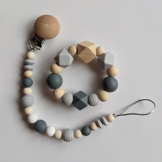 Dark Grey Gender Neutral Teething Ring and Pacifier Clip Duo