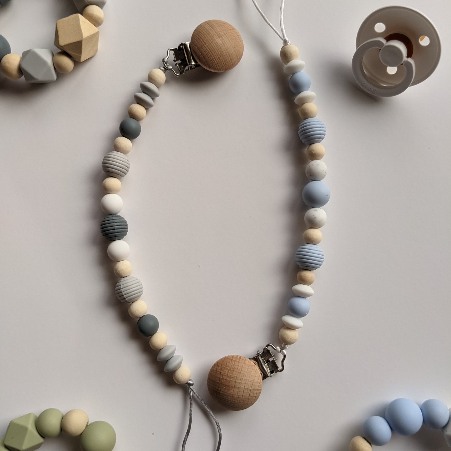 Dark Grey Gender Neutral Teething Ring and Pacifier Clip Duo