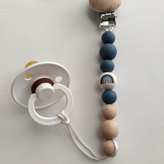 Mini Gender Neutral Beech Wood and Silicone Pacifier Clip in Rainbow Blue - Rainbow Baby Gift