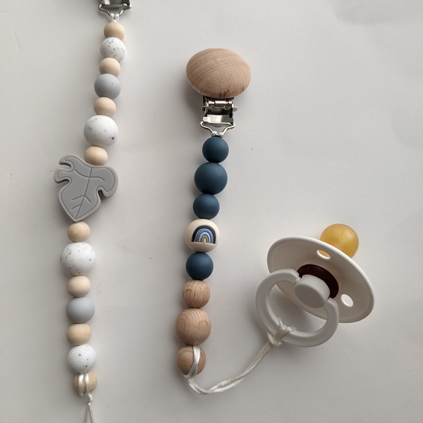 Mini Gender Neutral Beech Wood and Silicone Pacifier Clip in Rainbow Blue - Rainbow Baby Gift